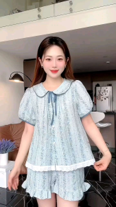 Bunnysky - Bộ hè bộ đùi đũi xốp mềm bộ thiết kế cổ sen mí viền dây buộc vải mềm mát hách tuổi