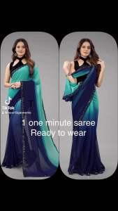 New Design Launching 1 minute Ready To Wear Saree Saree Fabric :- Pure Gorgette Two shaded with beautiful Sequence less Order with fancy stylised Saree length :- 6.30 Meter with Blouse Blouse Fabric :- Black Dhupion silk (Unstitched Mate Dress