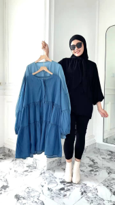 Kemeja Wanita Terbaru Denim Babydoll Ruffle Lengan Balon Jumbo Bigsize
