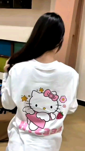 Áo thun dài tay cotton 100% Mèo nơ hồng form xuông rộng basic áo thu đông nữ HLFashion