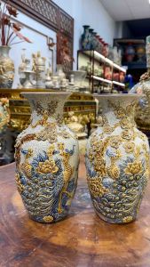 Lọ Lộc Bình Công Đào Men Rạn Lộc Bình Men Rạn Đắp Nổi Sứ Bát Tràng Cao Cấp Gốm Sứ Bát Tràng Xanh