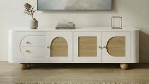 Kệ TV phòng khách ARCORA cốt gỗ MDF họa tiết cửa vòm với chân bi gỗ tròn sang trọng hiện đại KT-12