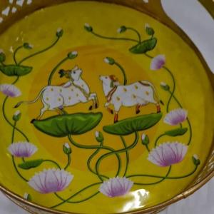 Pichawali Cow Design Tray 8 Inches | Traditional Decorative Tray for Pooja Weddings Festivals & Return Gifts