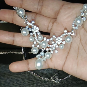 AYLA KUMAARI (Code: B1022) Imitation Silver Pearl diamond crystal stone necklace earrings set adjustable size new arrival