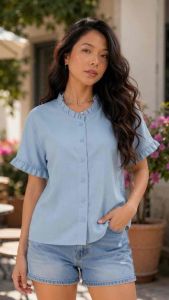 MEGAN RUFFLE BLOUSE Button down Korean Style Cotton Linen Blouse Freesize