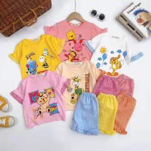 Bộ thun cộc tay phối quần xốp phong cách cho bé gái