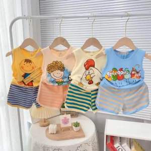 Bộ thun sát tay quần sọc in hình dễ thương cho bé trai và gái