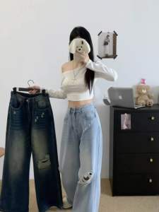 Fomu กางเกงยีนส์AIMISS ขากระบอกใหญ่ ทรงเกาหลี แต่งขาดๆ เป็นทรงใหญ่ๆ ใส่แล้วดูตัวเล็ก ผ้ายีนส์หนาเกรดพรีเมี่ยม J508