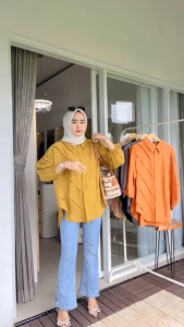 Kemeja Polo Linen Over Size / Kemeja Blouse Polo Linen Wanita Rempel