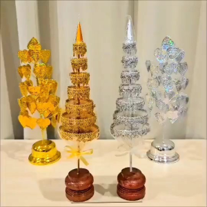 ชุดตั้งหิ้งพระ โต๊ะหมู่บูชา ศาลพระภูมิ ศาลตายาย ชุดสุขใจ 8 เสริมสิริมงคล (ฉัตรลายพรีเมี่ยม 7 ชั้น+โพธิ์กะไหล่เบอร์ 5)