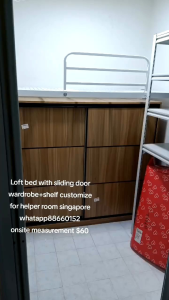 Loft bed customize with sliding door wardrobe shelf mattress set for helper room singapore