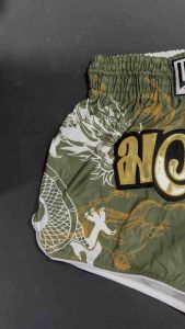 Lumpinee Satin Retro Muay Thai Fight Shorts Printed Dragon Olive Green