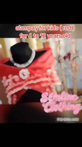 Red Alampay Filipiniana with free brooch for Kids Ages 6 to 12 Years Old - Embroidered Design - Pearl Brooch - Black Mannequin Display - Floral Background