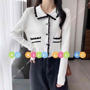 Áo Cardigan Tay Dài Cổ Bẻ Cài Cúc Viền Đen Hai Túi Thật Trước Phong Cách Thời Trang Hàn Quốc