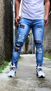 Celana Jeans Sobek Pria Emblem Stretch Melar Denim Tebal Slimfit Skinny Size 28-33