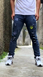Celana Jeans Sobek Pria Panjang Emblem Stretch Melar Denim Tebal Slimfit Skinny Size 28-33