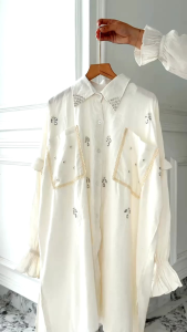 Kemeja Wanita Terbaru Big Size Stella Manik Pearl Putih Oversize Jumbo