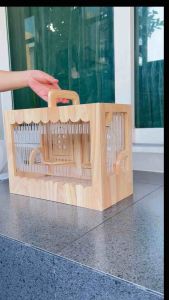 LP224 เคลือบกันน้ำ บ้านพกพาสัตว์เล็ก 2 กรง รวมและแยกได้ สำหรับ นก ชินชิลล่า อื่นๆ ทำจากไม้ยางพาราเกรด A เคลือบกันน้ำ