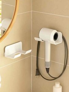 Punch Free Hair Dryer Storage Rack Hair Dryer Holder with Wire Storage Wall Mount No Drilling Adhesive Rack Bathroom Organizer