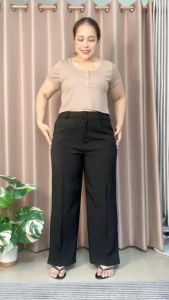 กางเกง 9 ส่วน สาวอวบ ผ้าฟลอร่า เอวสูง ทรงกระบอก