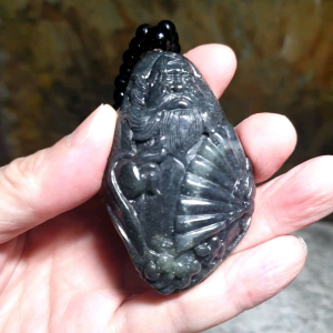 Premium Pebble Nephrite Qinghua ink black hand carved Zhong Kui Jade handheld large pendant (with certificate)