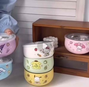 【SG Seller🇸🇬】Sanrio 316 Stainless Steel Kids Rice Bowl Dust-Proof with Lid Kuromi Hello Kitty
