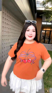 W17 เสื้อยืดคอกลม งานสกรีนเชอรี่ แต่งขาวดำ ฟรีไซซ์สาวอวบ-อ้วน