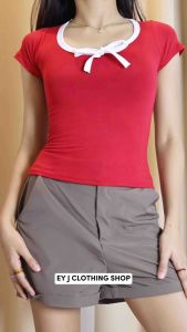 BUY 1 + GET 2 FREE (3PCS) Snarlet Ribbon Square Neck Plunging Short Sleeve Women Basic Casual Top Womenswear Comfortable