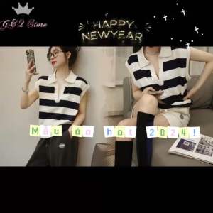 AM235 - Áo Thun Dệt Kim Cộc Tay Cổ Bẻ Họa Tiết Kẻ Sọc Thời Trang Hiện Đại Cho Nữ