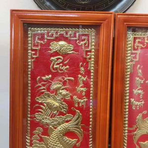 Tranh cá Tranh lý ngư vọng nguyệt kèm kính tranh lí ngư bằng đồng liền tấm