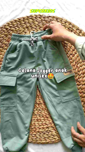 SUPERKIDSCLOTH Celana Jogger Panjang Anak Cowok Cewek Kantong Cargo Emblem Kulit Umur 2 3 4 5 6 7 8 9 10 11 Tahun