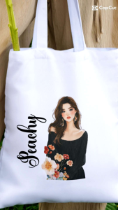 Personalized White Totebag Canvas with Lady in black design print your name totebag thick Canvas casual bag daily use