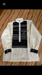 Mens Modern Barong Tagalog Navy Blue Ethnic Design in Premium Cream Piña Organza Fabric with Lining Chinese Collar Long Sleeve NELSON NAVY BLUE by INGA DESIGNS