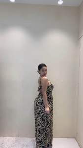 D&C(Free Size Fit S-L) Chalis Printed Waist Fitted Back Tie Front Slit Maxi Dress