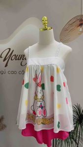Đồ Ngủ Nữ HEUN YOUNG Bộ Đùi Áo 2 Dây Chiffon In Thiết Kế Quần Lụa Có Túi 40-65kg QT01