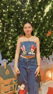 BS8095 (S-6XL) 🧸ชุดเซ็ต2ชิ้นยีนส์ เสื้อเกาะอก+กางเกงทรงกระบอก สกรีนลายตัวดังสกรีนเเน่นๆ น่ารักสุดๆ