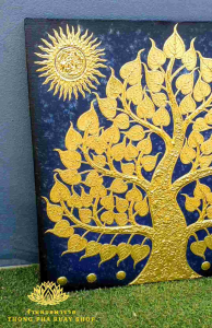 ภาพต้นโพธิ์ทอง พื้นสีเขียวสลัดเงิน ภาพแขวนกรอบลอย ภาพโพธิ์ติดห้องพระ Wall Decoration