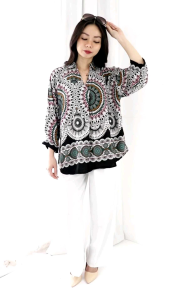 Atasan Blus Kemeja Wanita V-Neck RAYON Motif Etnik MANDALA BIG SIZE JUMBO LD 110 120 130 CM 4741#