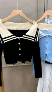 ●ECLAIRE● 043 Blouse Crop Collar Knit Rajut Longsleeves Lengan Panjang Kasual Casual Korea Seliv Import