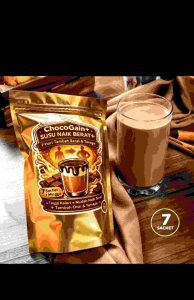 CHOCO GAIN PLUS SUSU NAIK BERAT 7 Hari Tambah Berat & Tenaga 45 KG to 60 KG Fit/Use: Weight gain supplement for increased appetite and energy. Scene: Before and after weight comparison.
