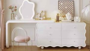 Bàn trang điểm Bàn làm việc kèm tủ đựng đồ cốt gỗ MDF hình sóng chân bi có thể xoay tùy chỉnh WAVYLE TG-14