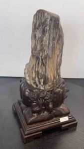 TSK Crystal SHY034 天然树化玉 黄里透白 色泽圆润 特制雕刻实木底座 Natural Tree Fossil Jade