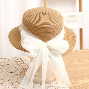 Mũ nón đi biển vành nhỏ chóp bằng phối đai trắng ngọc trai nhân tạo chất liệu cói chống nắng thoáng mát thời trang Hàn Quốc