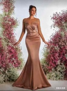 Melody  Elegant Gorgeous And Romantic Champagne Color Luxury Hot Rhinestone See-Through Long Sleeve ​​Slim Mermaid Hem Dress Suitable For Dinner Bachelorette Party Dating Vacation Homecoming Season Birthday Party Wedding Event Evening Dress (Heavy Model)