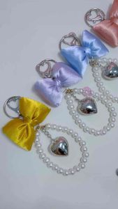 Gantungan Kunci Pita Puffy Silk Mutiara Love Ganci Ribbon Aesthetic Phonestrap Liontin Hati Kawai