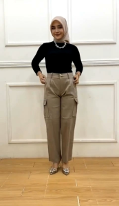 Celana Panjang Wanita Kulot Cargo Pinggan Karet Bahan Katun Twill Combat Premium