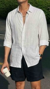 DODEP Quần shorts đùi nam 100% linen premium trên gối màu đen navy