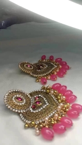 Traditional Indian Style Antique Gold colour based Earring | Kundan Design with Pink Beads | Festive & Wedding Wear Jewellery for Women