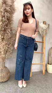 Celana Jeans  Wanita Lally Collute  Sobek Jeans Snow / Celana Jeans Kulot Wanita Kekinian
