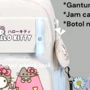 Tas sekolah ransel anak perempuan remaja SD SMP motif Hello Kitty gratis botol minum jam tangan gantungan tas bunga tas sekolah anak perempuan remaja tas ransel